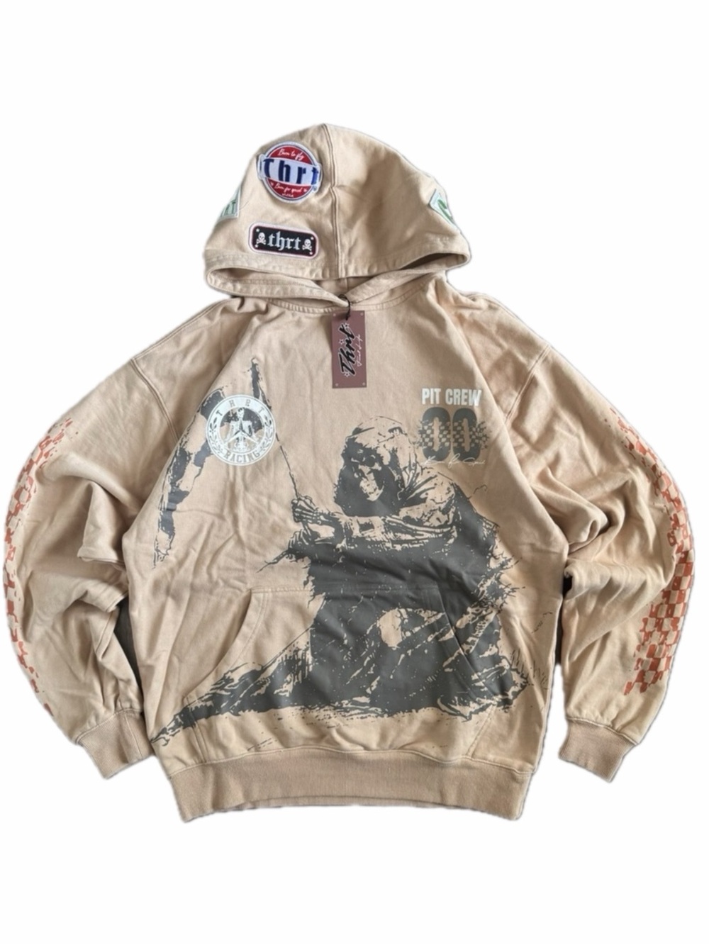 THRT “Pit Crew” Hoodie Tan Size Small Runs Large — Streetwear Graphic Hoodie